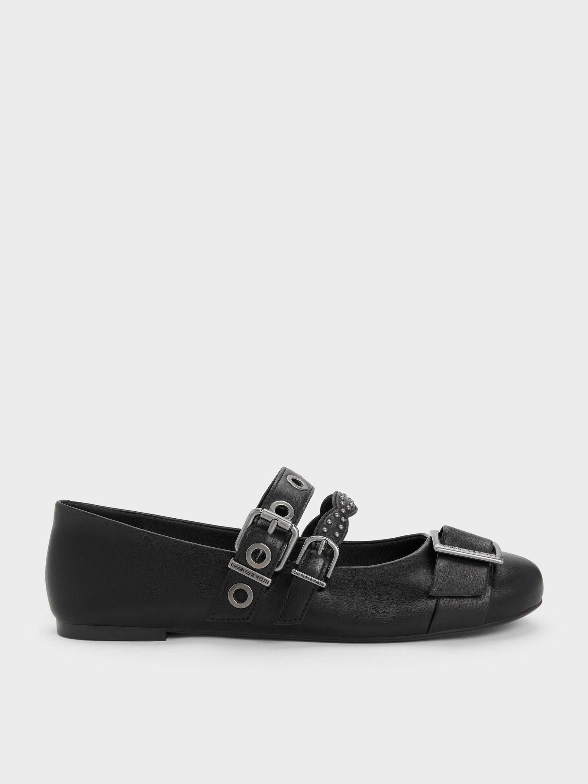 Aether Grommet Studded Mary Jane Flats - Black | CHARLES & KEITH