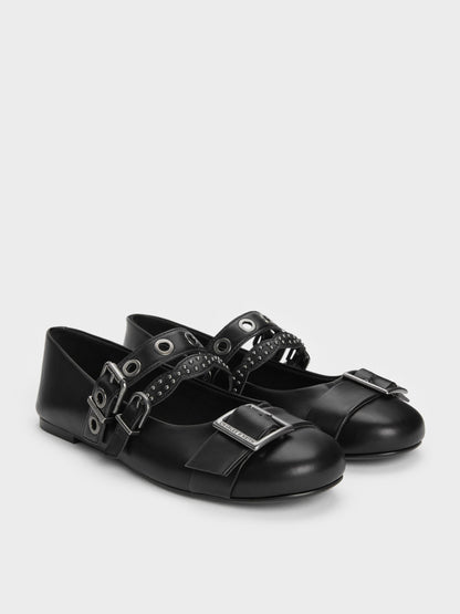 Aether Grommet Studded Mary Jane Flats - Black | CHARLES & KEITH