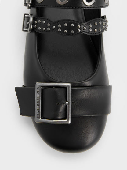 Aether Grommet Studded Mary Jane Flats - Black | CHARLES & KEITH