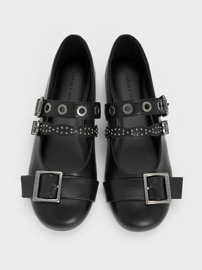 Aether Grommet Studded Mary Jane Flats - Black | CHARLES & KEITH