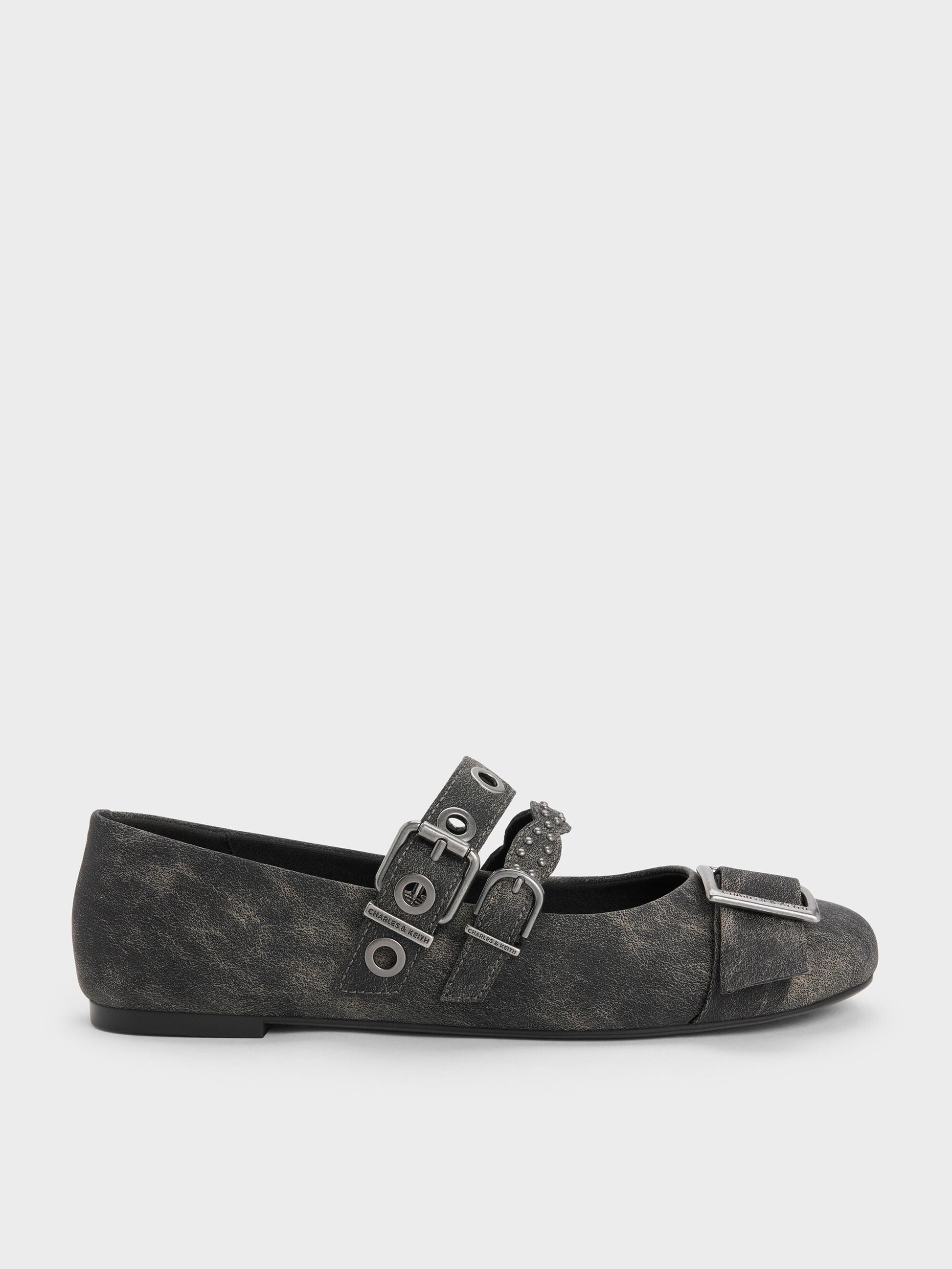 Aether Grommet Studded Mary Jane Flats - Dark Grey | CHARLES & KEITH
