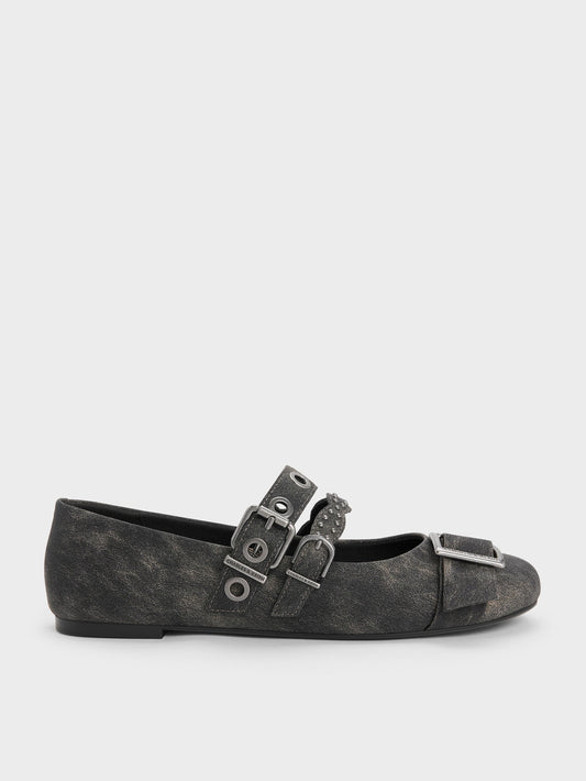 Aether Grommet Studded Mary Jane Flats - Dark Grey | CHARLES & KEITH