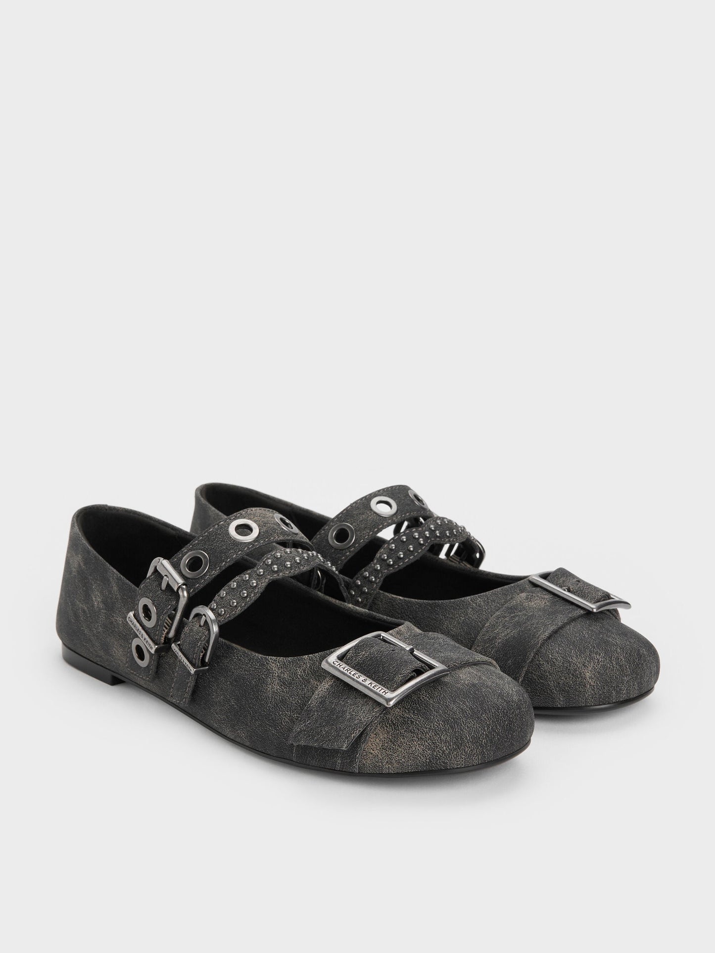 Aether Grommet Studded Mary Jane Flats - Dark Grey | CHARLES & KEITH