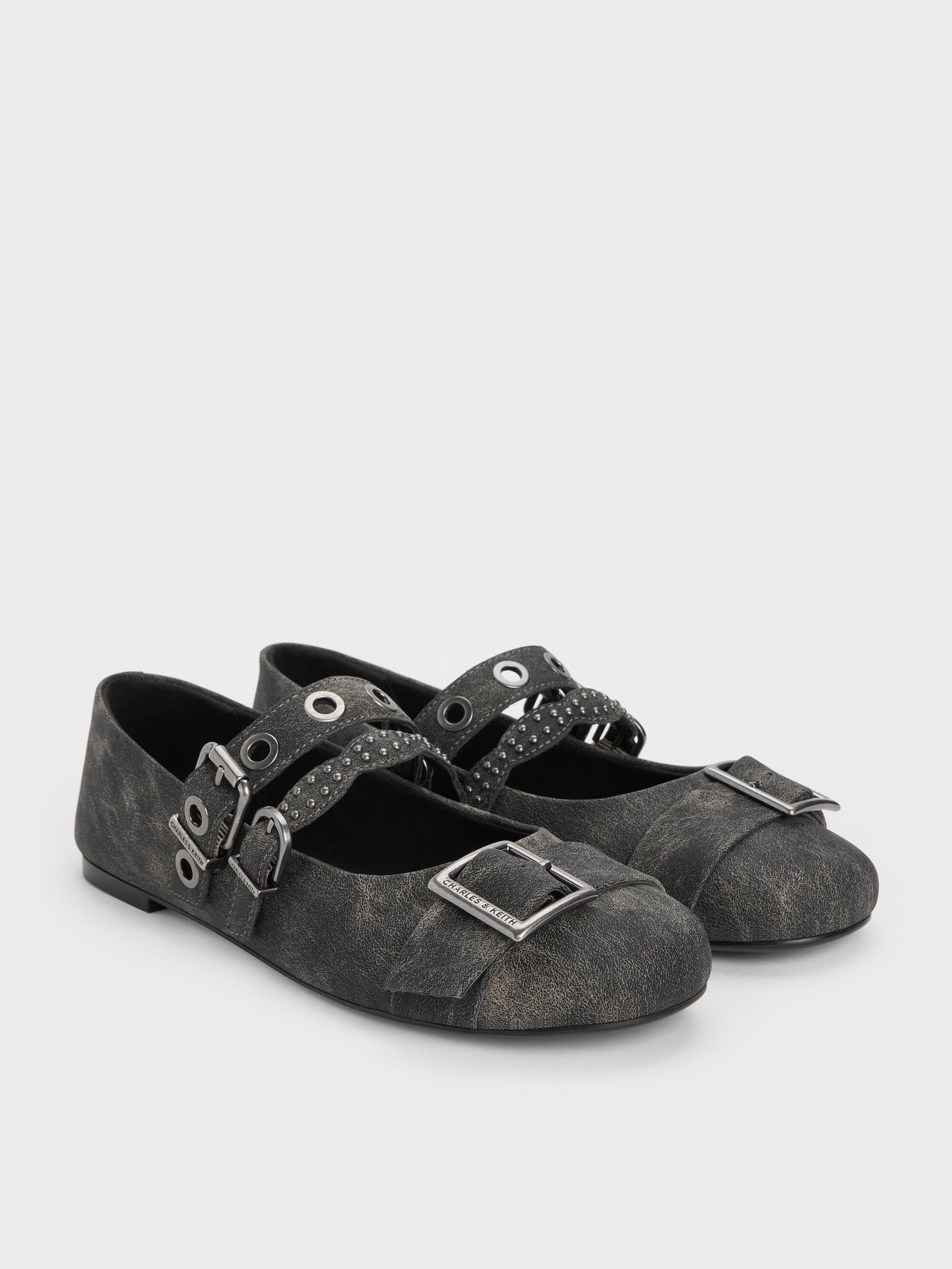 Aether Grommet Studded Mary Jane Flats - Dark Grey | CHARLES & KEITH