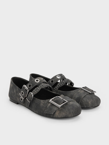 Aether Grommet Studded Mary Jane Flats - Dark Grey | CHARLES & KEITH