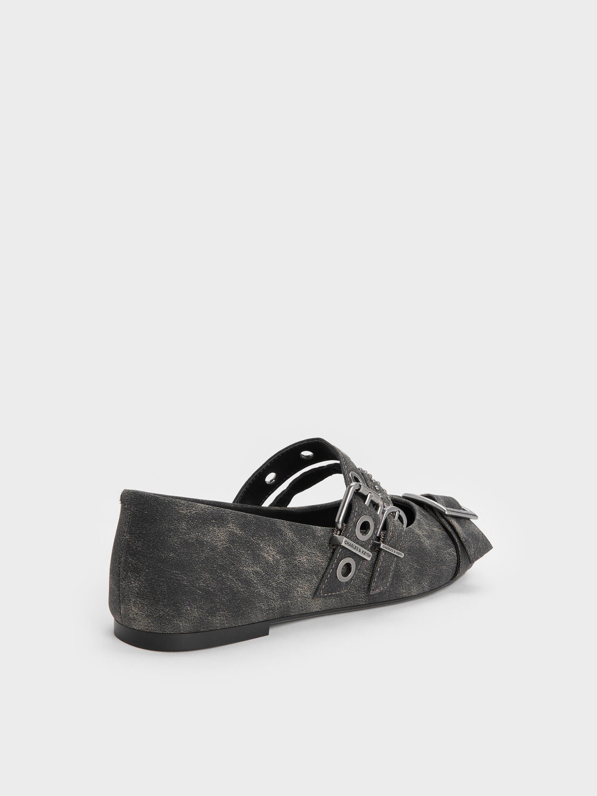 Aether Grommet Studded Mary Jane Flats - Dark Grey | CHARLES & KEITH