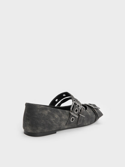 Aether Grommet Studded Mary Jane Flats - Dark Grey | CHARLES & KEITH