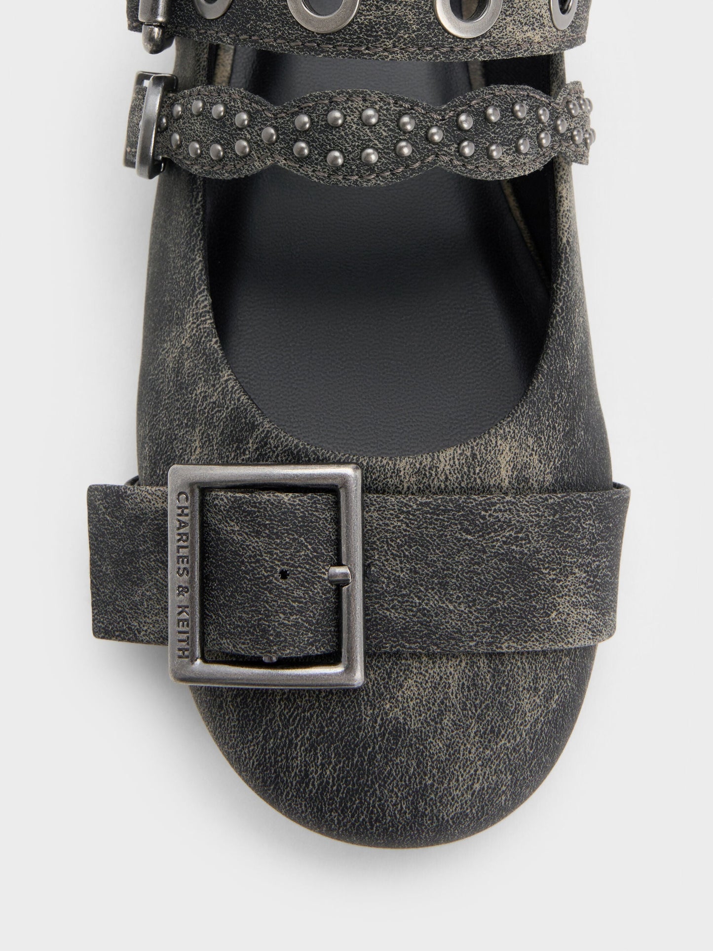 Aether Grommet Studded Mary Jane Flats - Dark Grey | CHARLES & KEITH