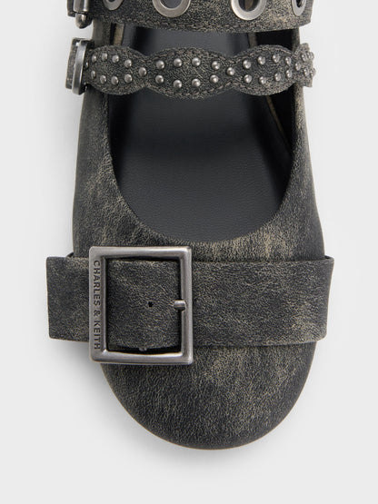 Aether Grommet Studded Mary Jane Flats - Dark Grey | CHARLES & KEITH