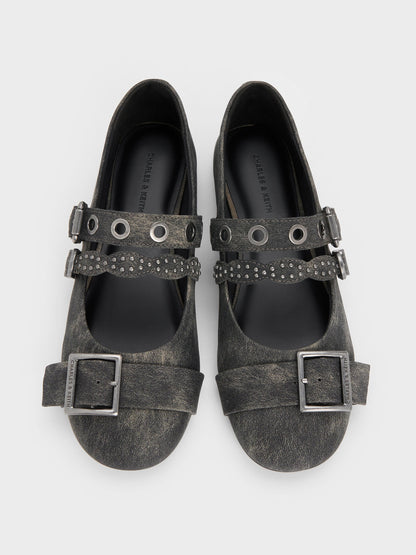 Aether Grommet Studded Mary Jane Flats - Dark Grey | CHARLES & KEITH