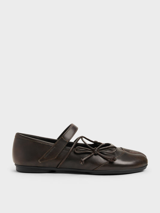 Aether Lace-Up Split-Toe Mary Jane Flats - Brown | CHARLES & KEITH