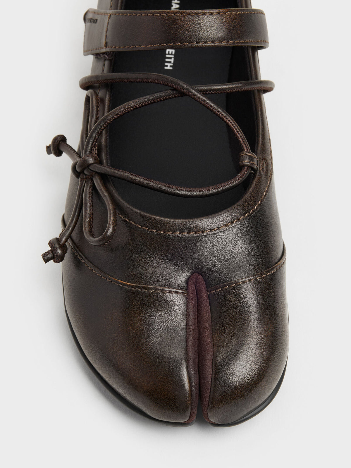 Aether Lace-Up Split-Toe Mary Jane Flats - Brown | CHARLES & KEITH