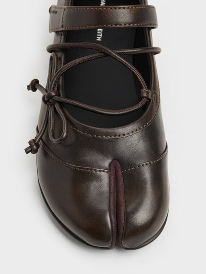 Aether Lace-Up Split-Toe Mary Jane Flats - Brown | CHARLES & KEITH