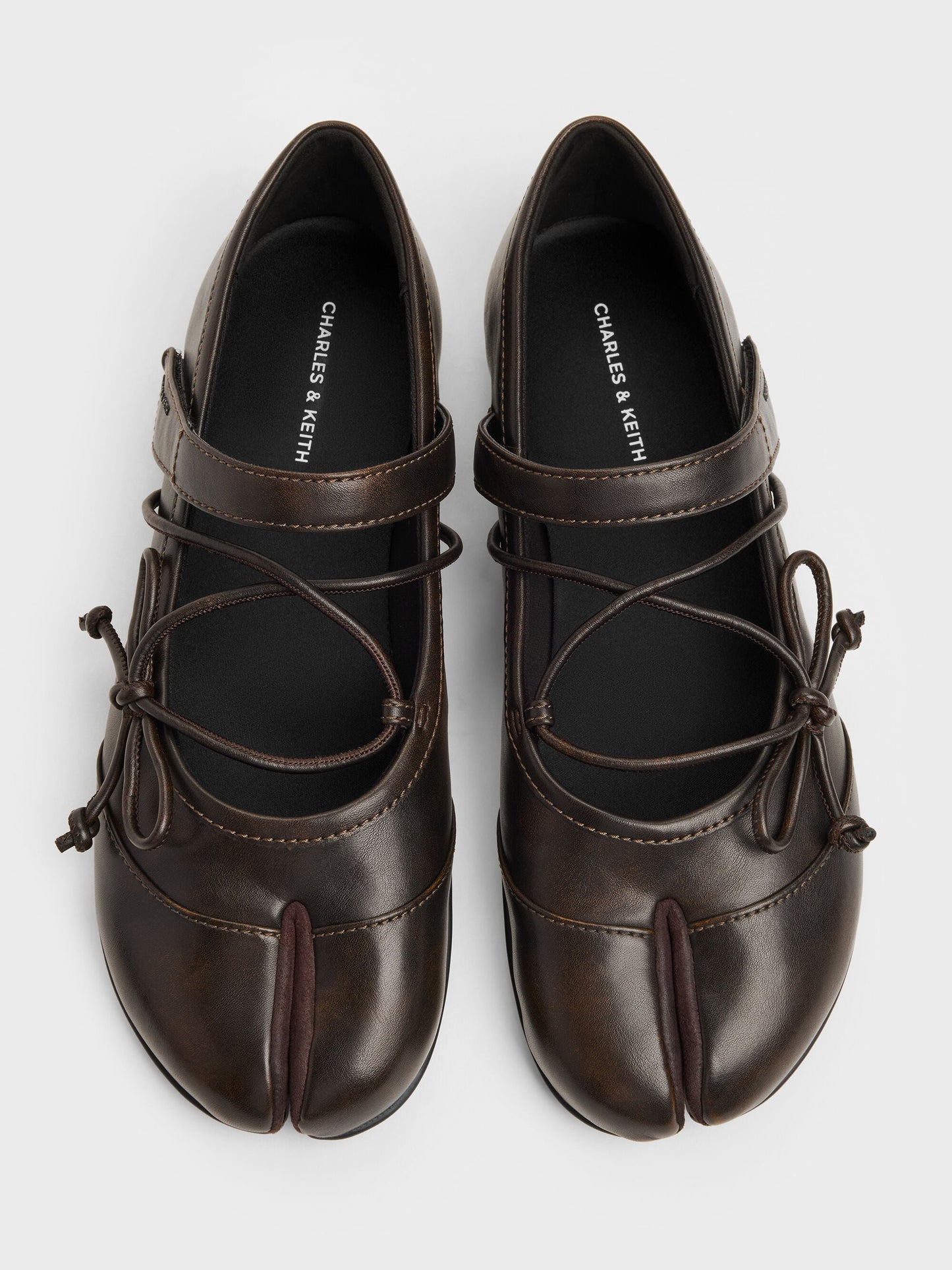 Aether Lace-Up Split-Toe Mary Jane Flats - Brown | CHARLES & KEITH