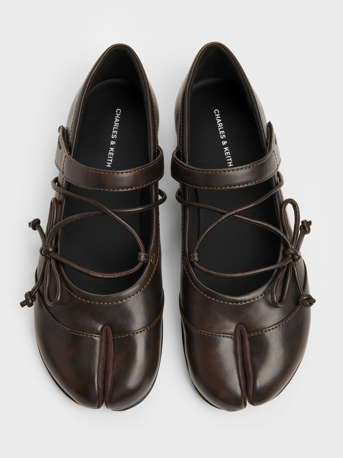 Aether Lace-Up Split-Toe Mary Jane Flats - Brown | CHARLES & KEITH