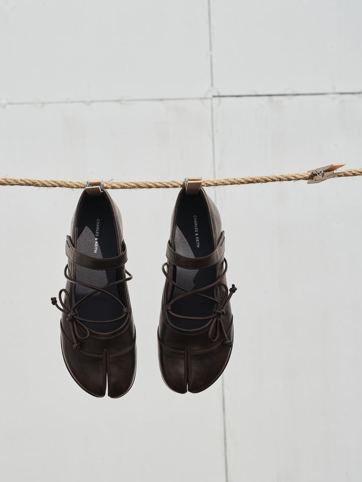 Aether Lace-Up Split-Toe Mary Jane Flats - Brown | CHARLES & KEITH