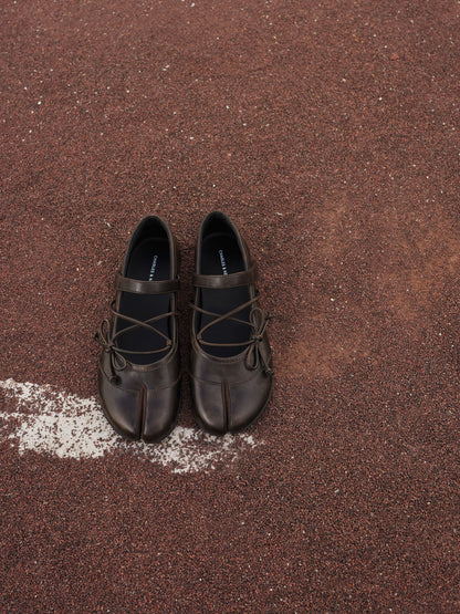 Aether Lace-Up Split-Toe Mary Jane Flats - Brown | CHARLES & KEITH