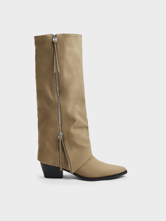 Aether Faux Suede Tassel-Zip Knee-High Boots - Khaki | CHARLES & KEITH