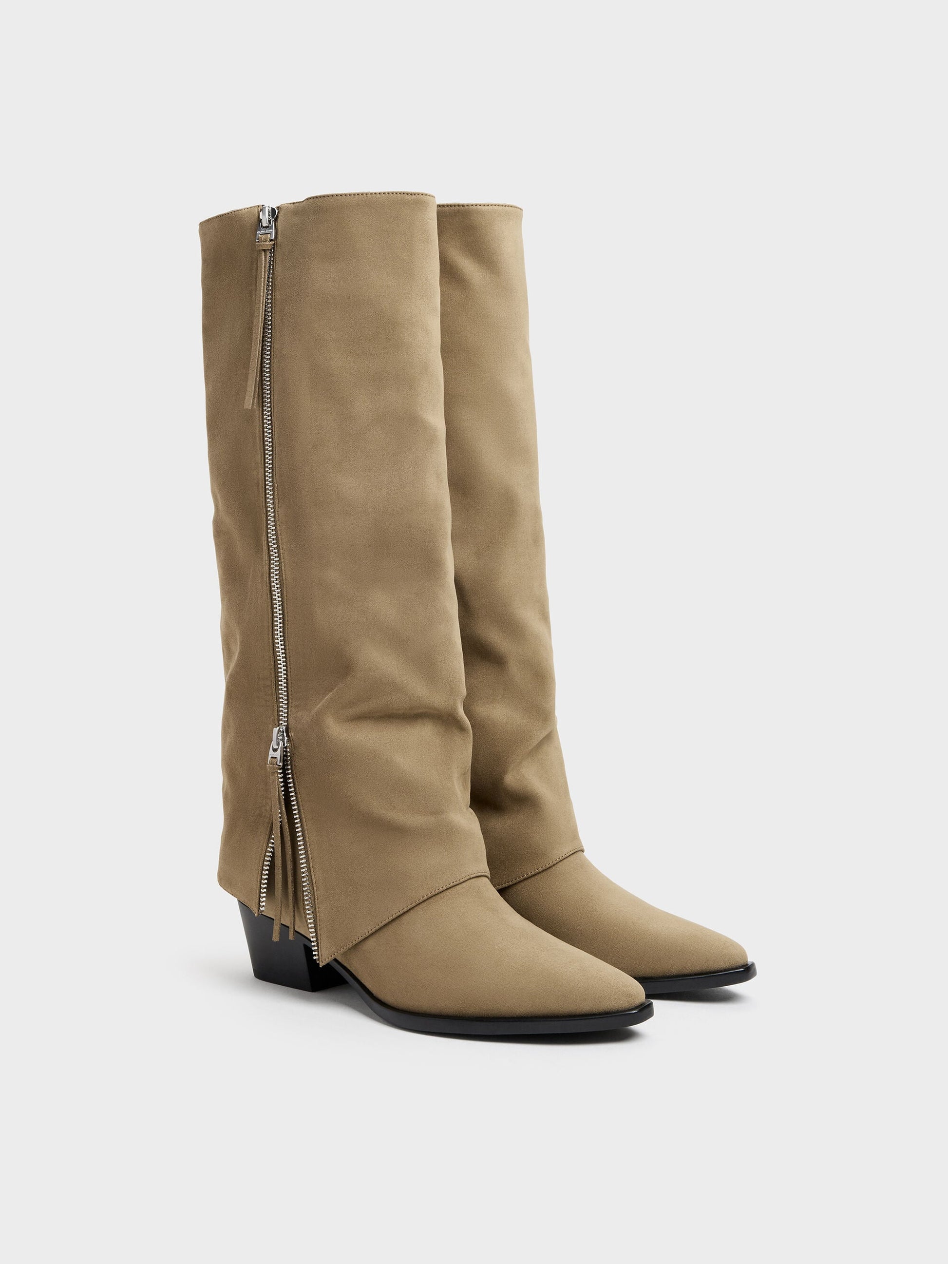 Aether Faux Suede Tassel-Zip Knee-High Boots - Khaki | CHARLES & KEITH