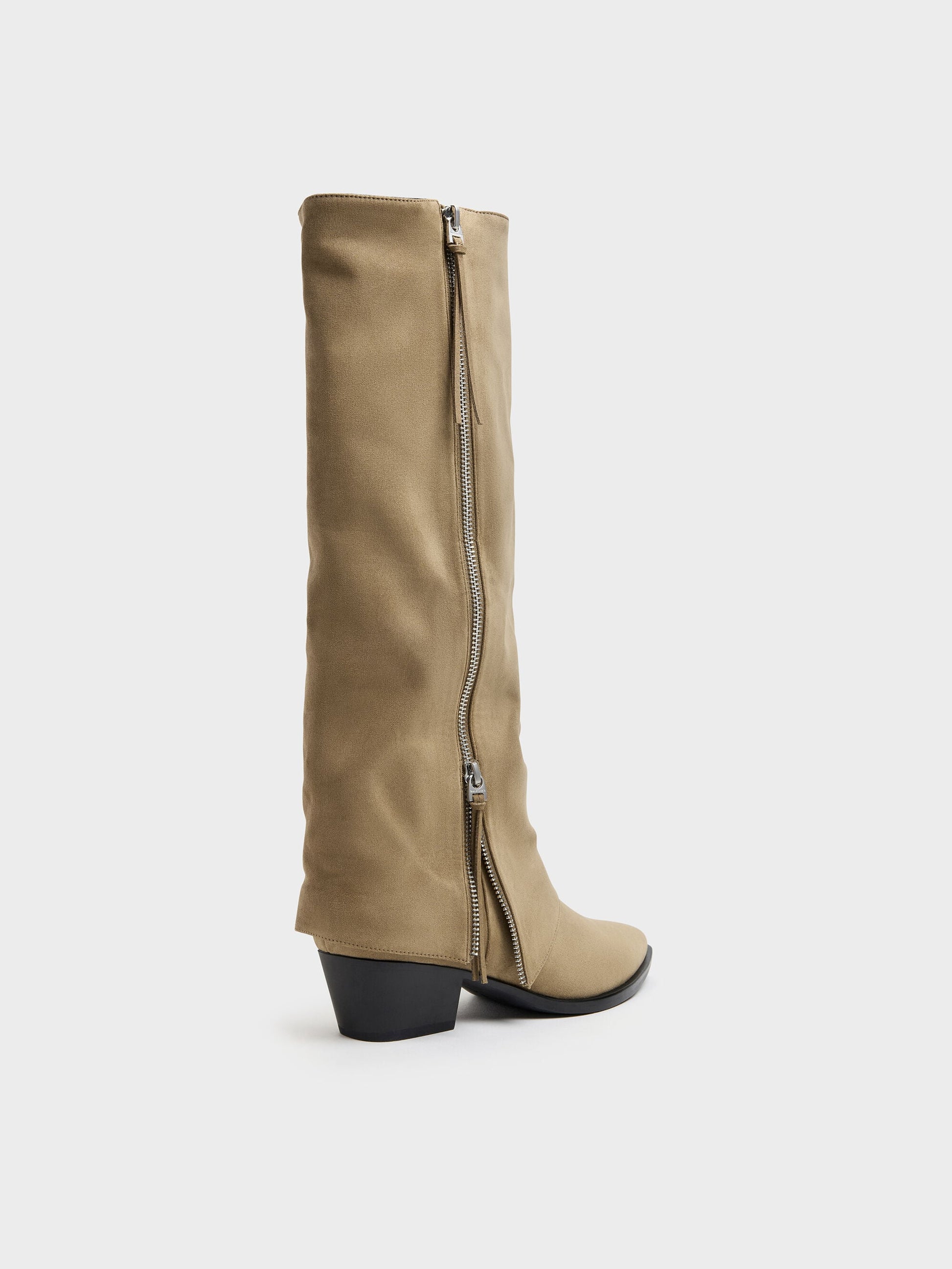 Aether Faux Suede Tassel-Zip Knee-High Boots - Khaki | CHARLES & KEITH