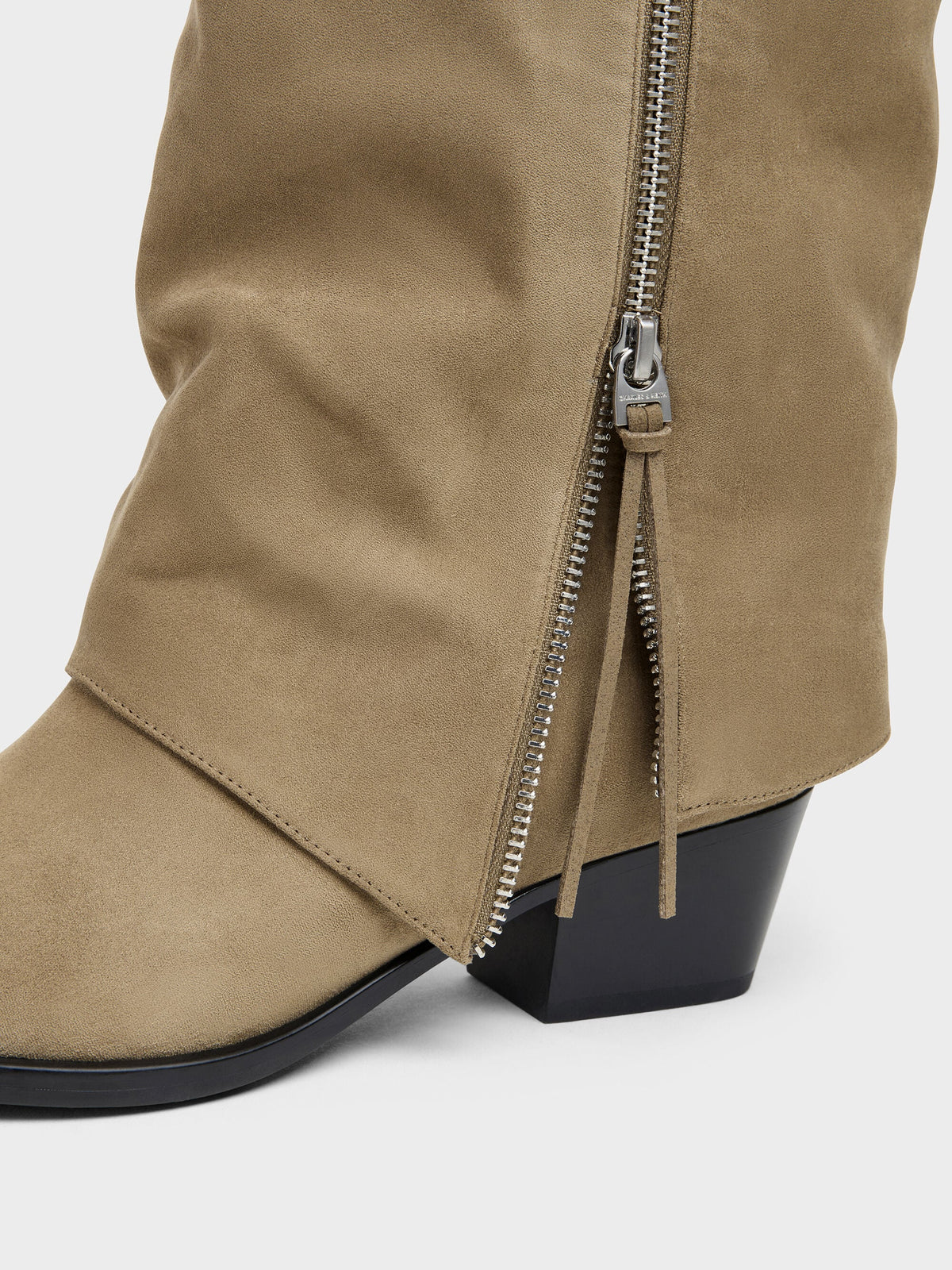 Aether Faux Suede Tassel-Zip Knee-High Boots - Khaki | CHARLES & KEITH