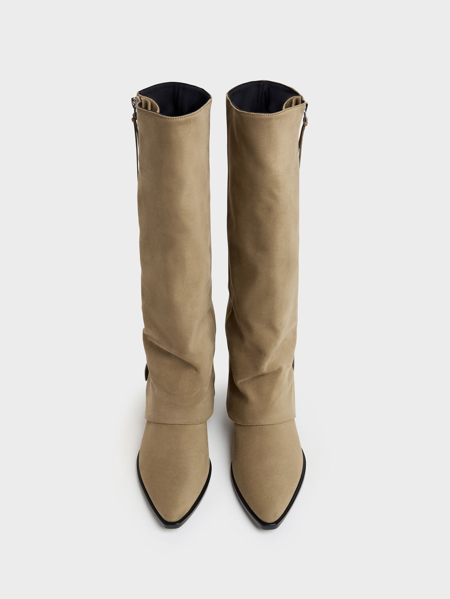 Aether Faux Suede Tassel-Zip Knee-High Boots - Khaki | CHARLES & KEITH