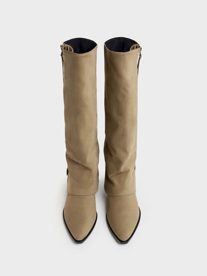 Aether Faux Suede Tassel-Zip Knee-High Boots - Khaki | CHARLES & KEITH