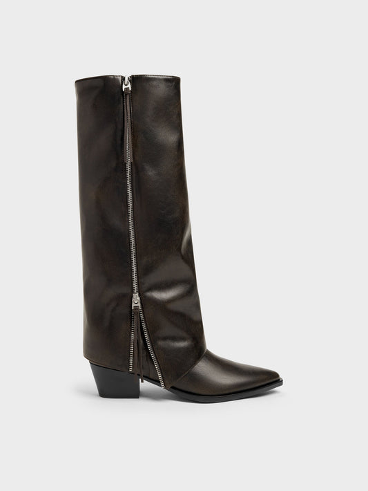 Aether Tassel-Zip Knee-High Boots - Dark Brown | CHARLES & KEITH
