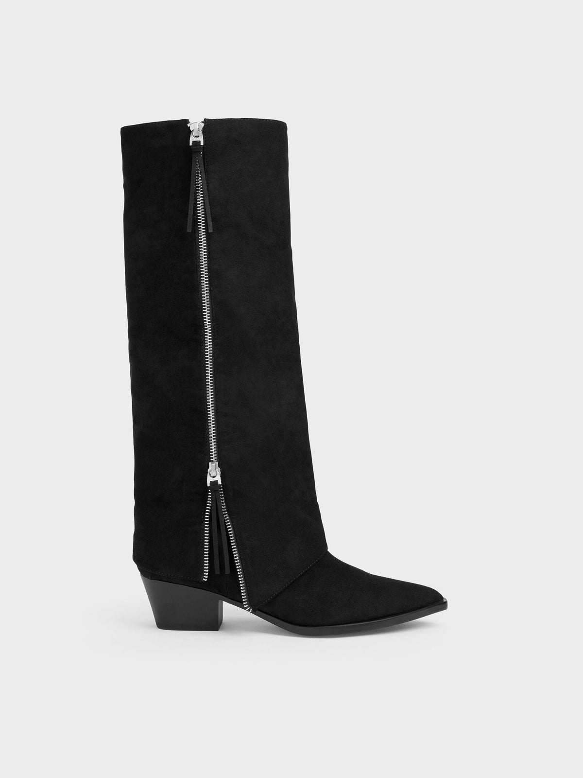 Aether Faux Suede Tassel-Zip Knee-High Boots - Black Textured | CHARLES & KEITH