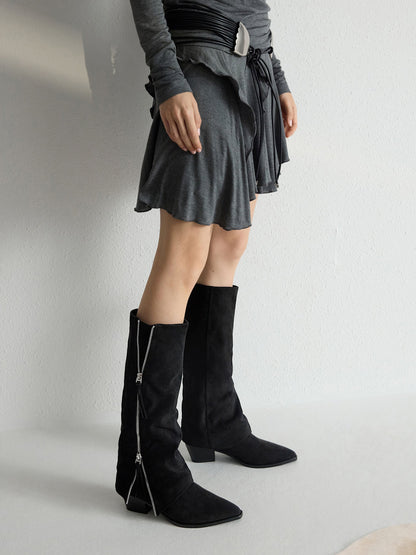 Aether Faux Suede Tassel-Zip Knee-High Boots - Black Textured | CHARLES & KEITH