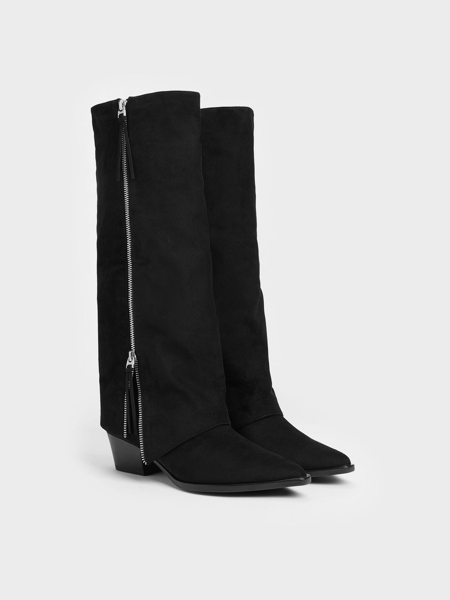Aether Faux Suede Tassel-Zip Knee-High Boots - Black Textured | CHARLES & KEITH