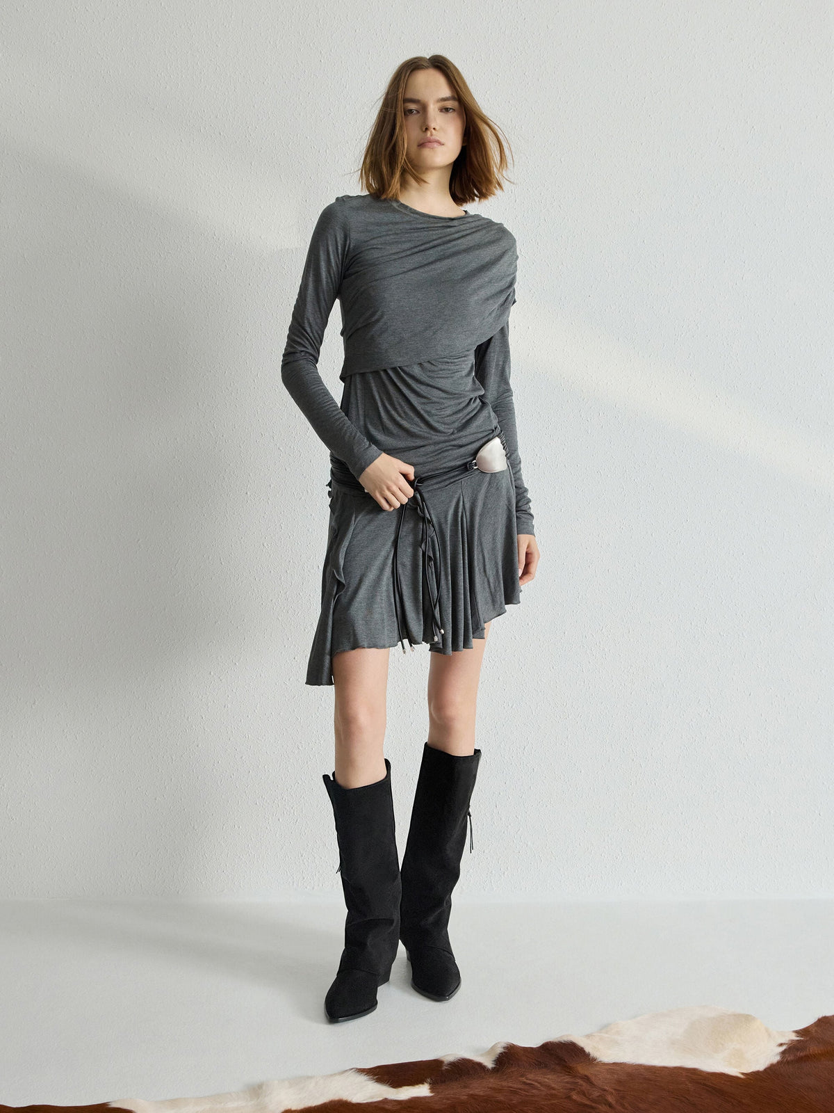 Aether Faux Suede Tassel-Zip Knee-High Boots - Black Textured | CHARLES & KEITH