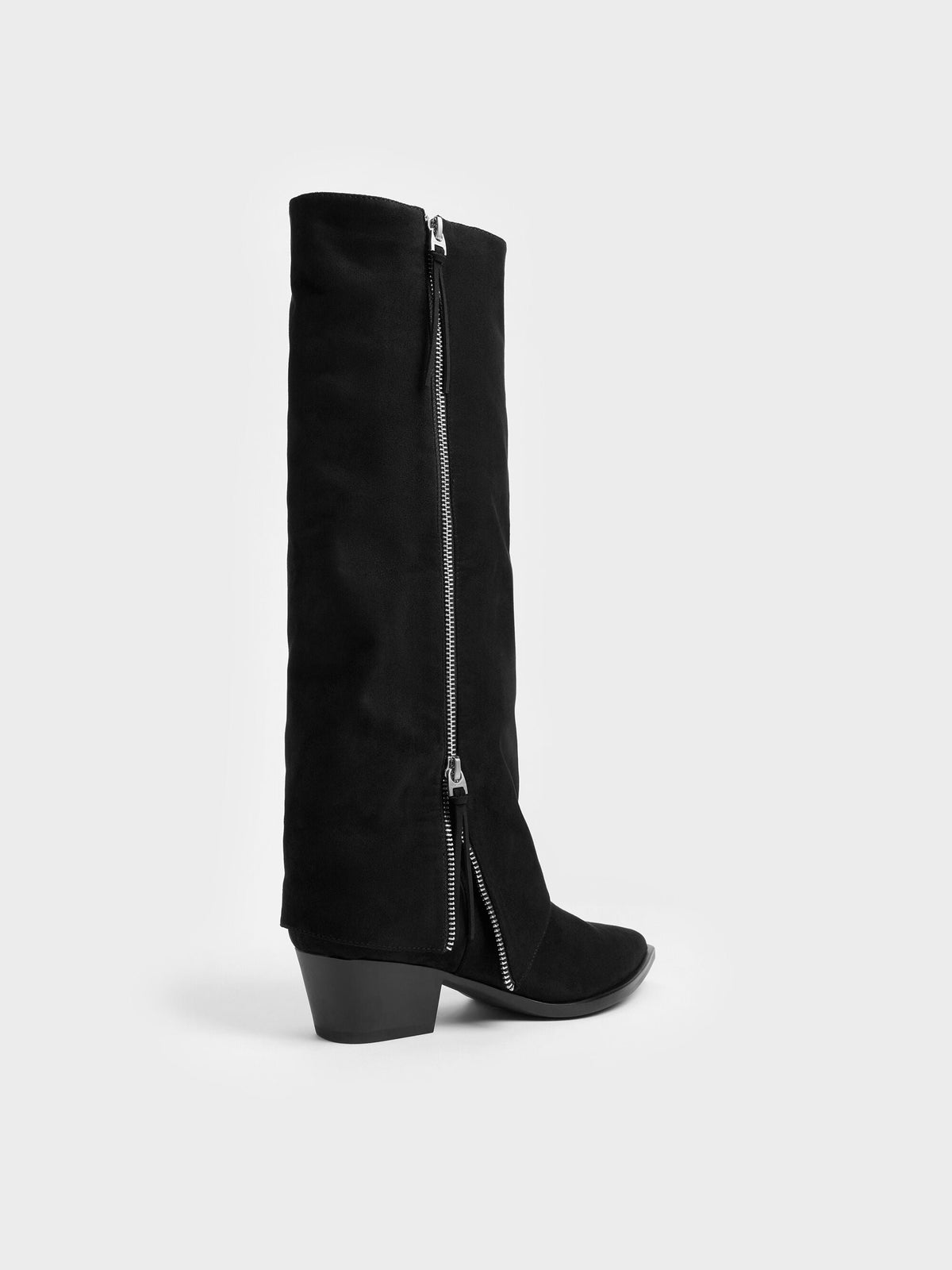 Aether Faux Suede Tassel-Zip Knee-High Boots - Black Textured | CHARLES & KEITH