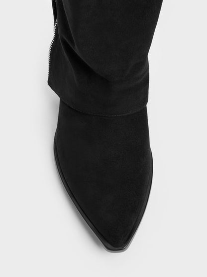Aether Faux Suede Tassel-Zip Knee-High Boots - Black Textured | CHARLES & KEITH