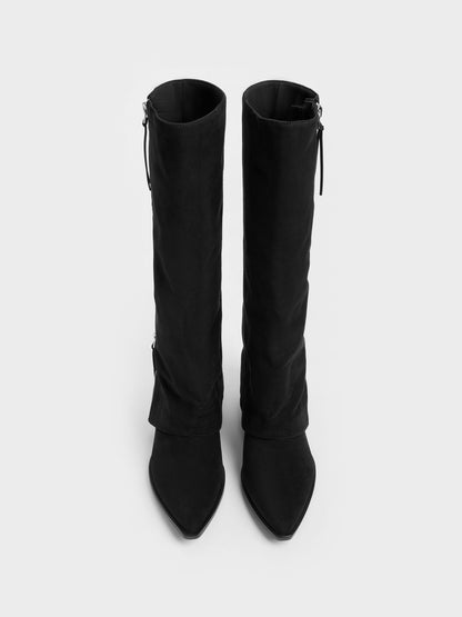 Aether Faux Suede Tassel-Zip Knee-High Boots - Black Textured | CHARLES & KEITH