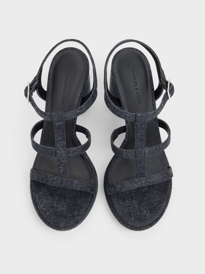 Aether Denim Platform Sandals - Dark Blue | CHARLES & KEITH