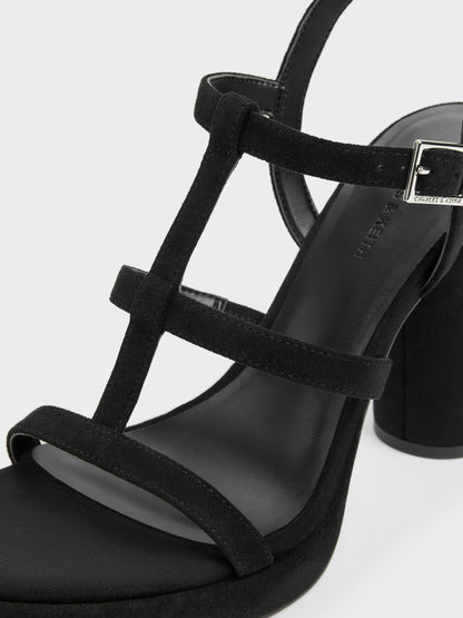 Aether Faux Suede Platform Sandals - Black Textured | CHARLES & KEITH