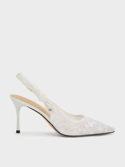 Tayari Embroidered-Mesh Slingback Pumps - White | CHARLES & KEITH