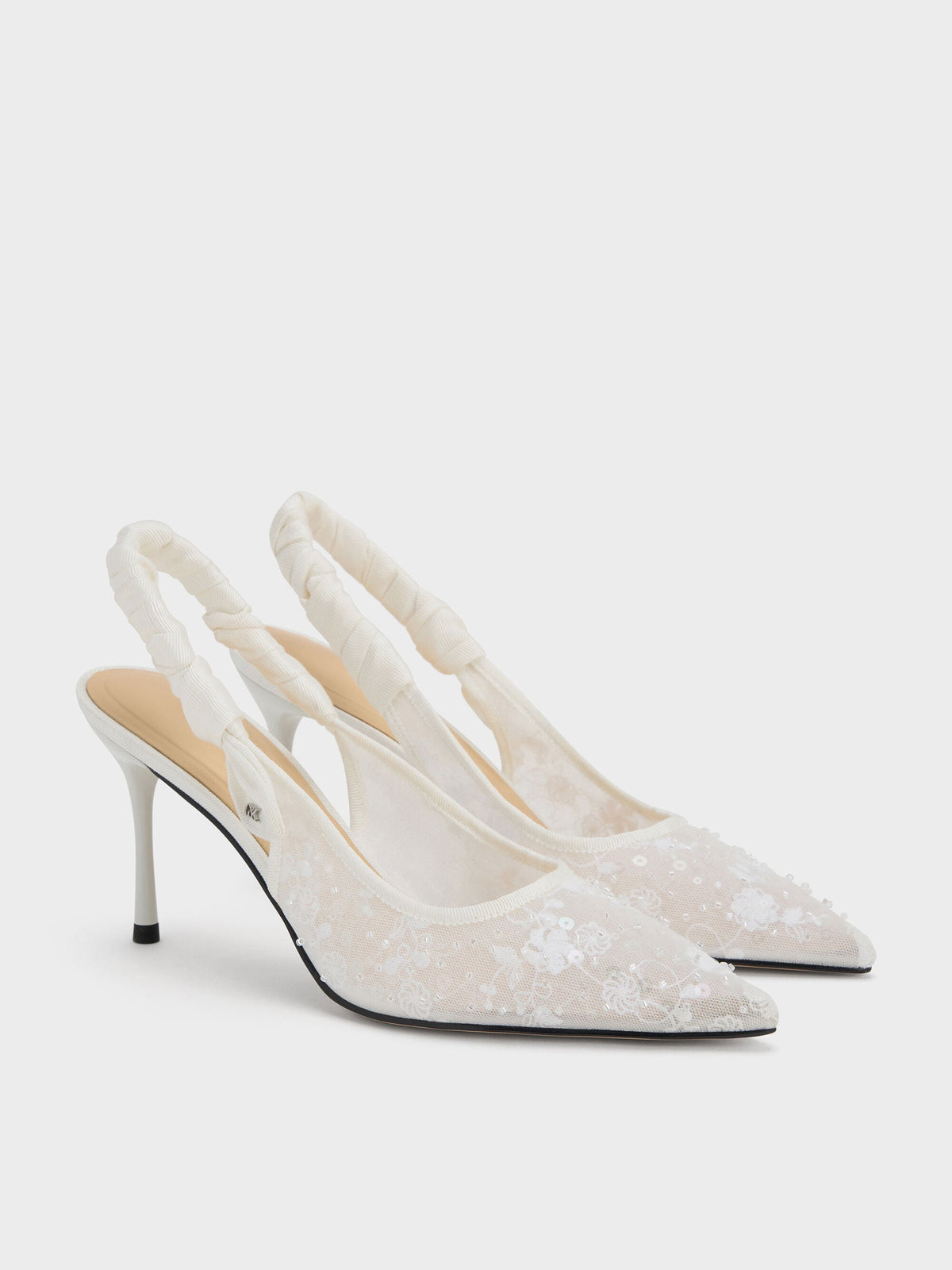 Tayari Embroidered-Mesh Slingback Pumps - White | CHARLES & KEITH