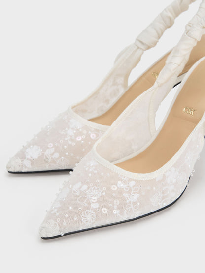 Tayari Embroidered-Mesh Slingback Pumps - White | CHARLES & KEITH