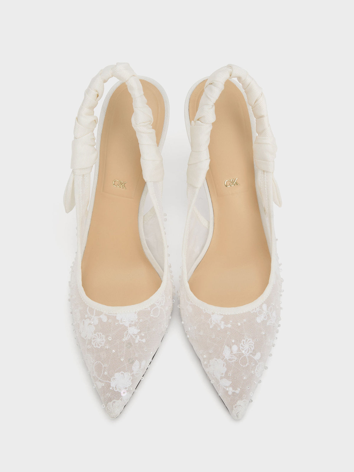 Tayari Embroidered-Mesh Slingback Pumps - White | CHARLES & KEITH