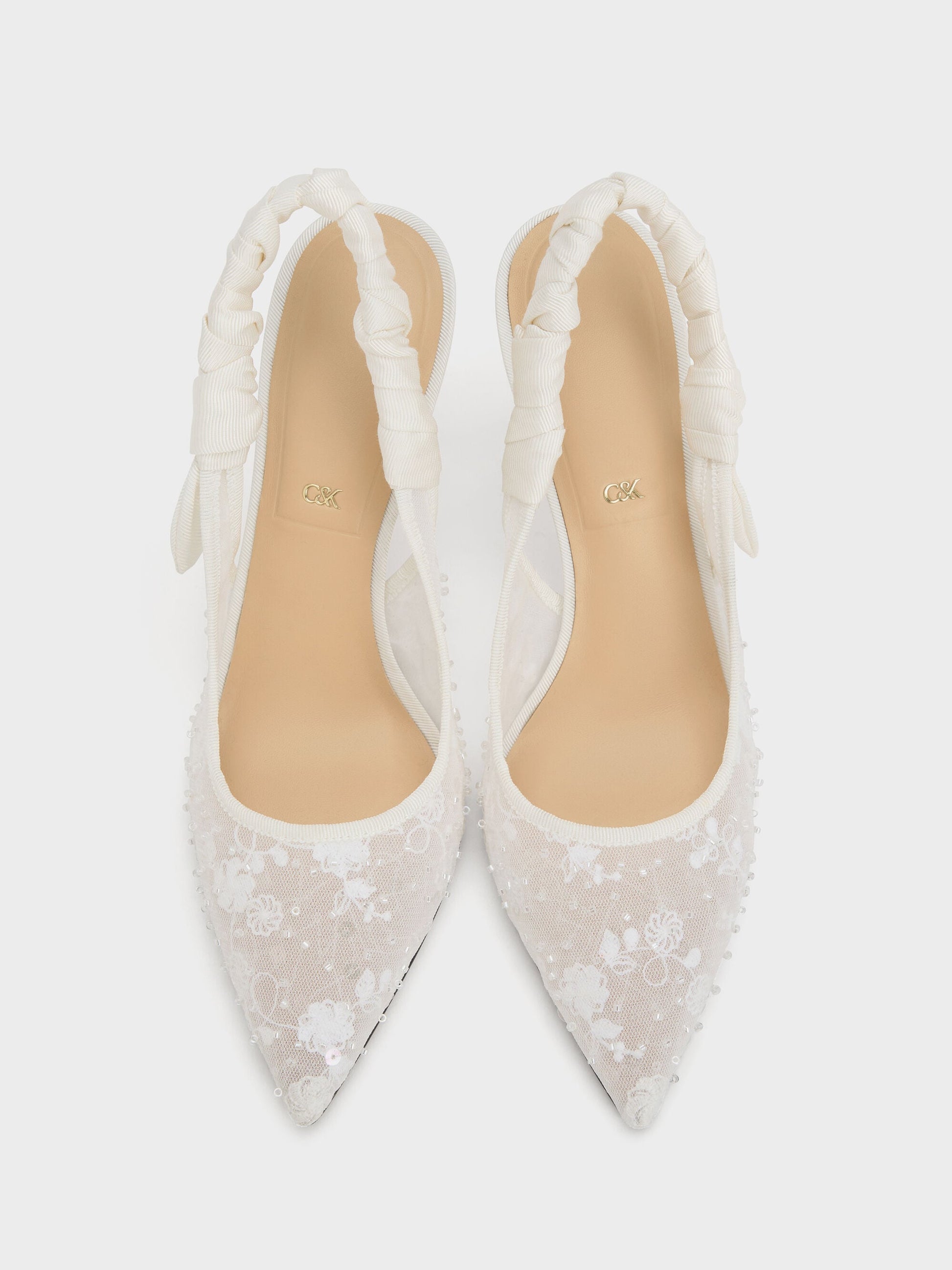 Tayari Embroidered-Mesh Slingback Pumps - White | CHARLES & KEITH