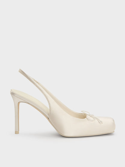 Satin Ruched Stiletto Slingback Pumps - Chalk | CHARLES & KEITH