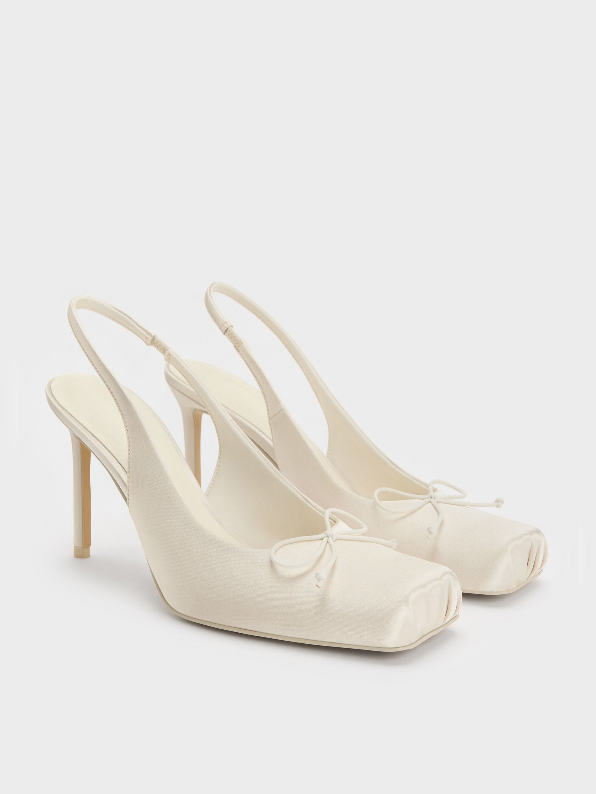 Satin Ruched Stiletto Slingback Pumps - Chalk | CHARLES & KEITH