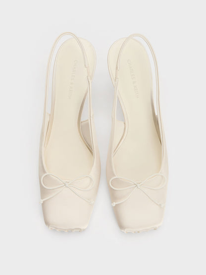 Satin Ruched Stiletto Slingback Pumps - Chalk | CHARLES & KEITH