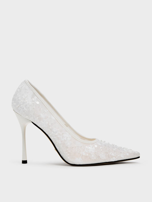 Kyra Embroidered-Mesh Stiletto Pumps - White | CHARLES & KEITH