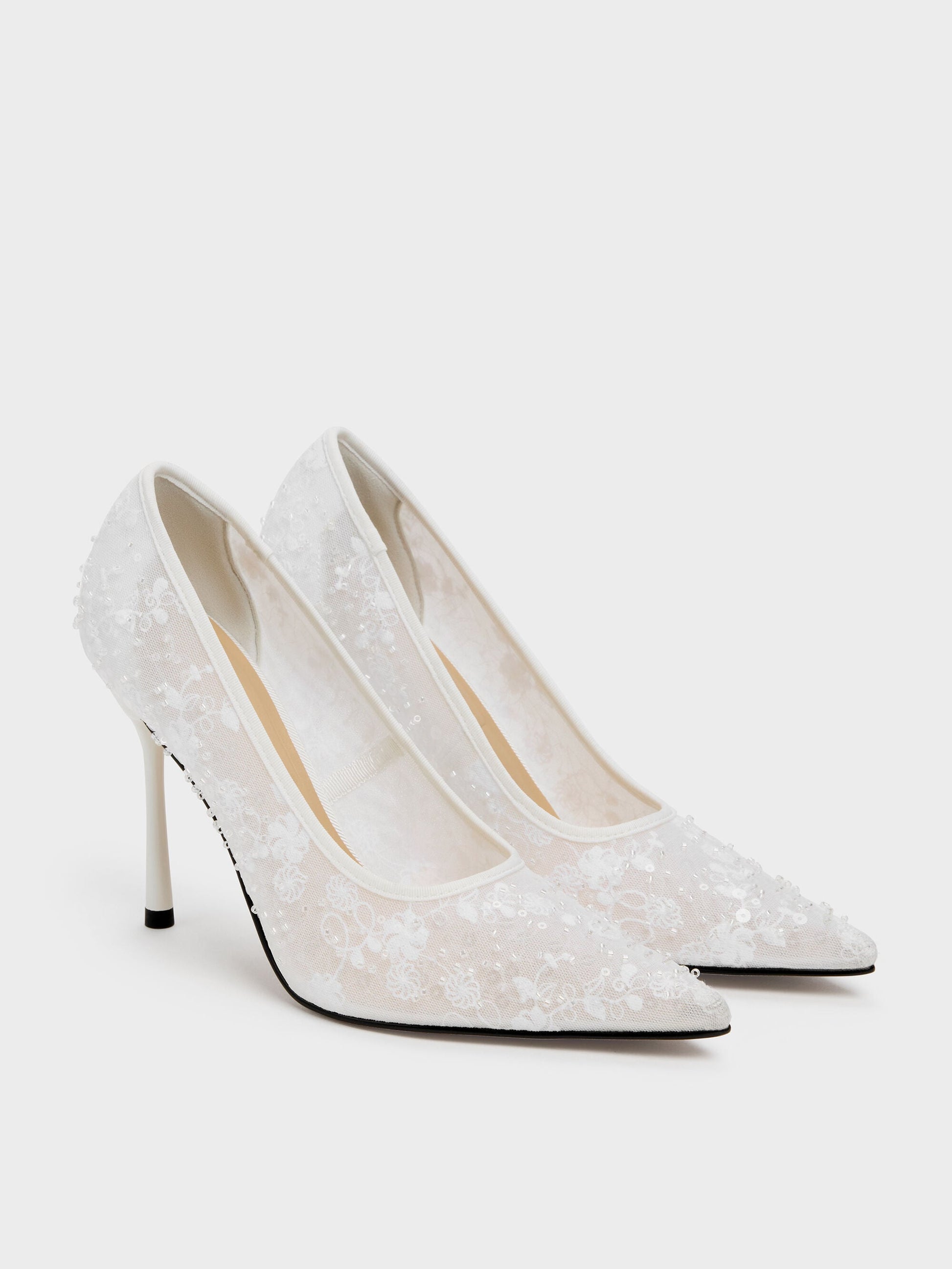 Kyra Embroidered-Mesh Stiletto Pumps - White | CHARLES & KEITH