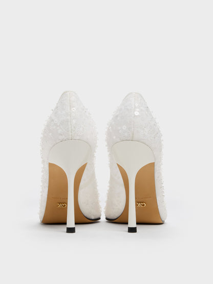 Kyra Embroidered-Mesh Stiletto Pumps - White | CHARLES & KEITH