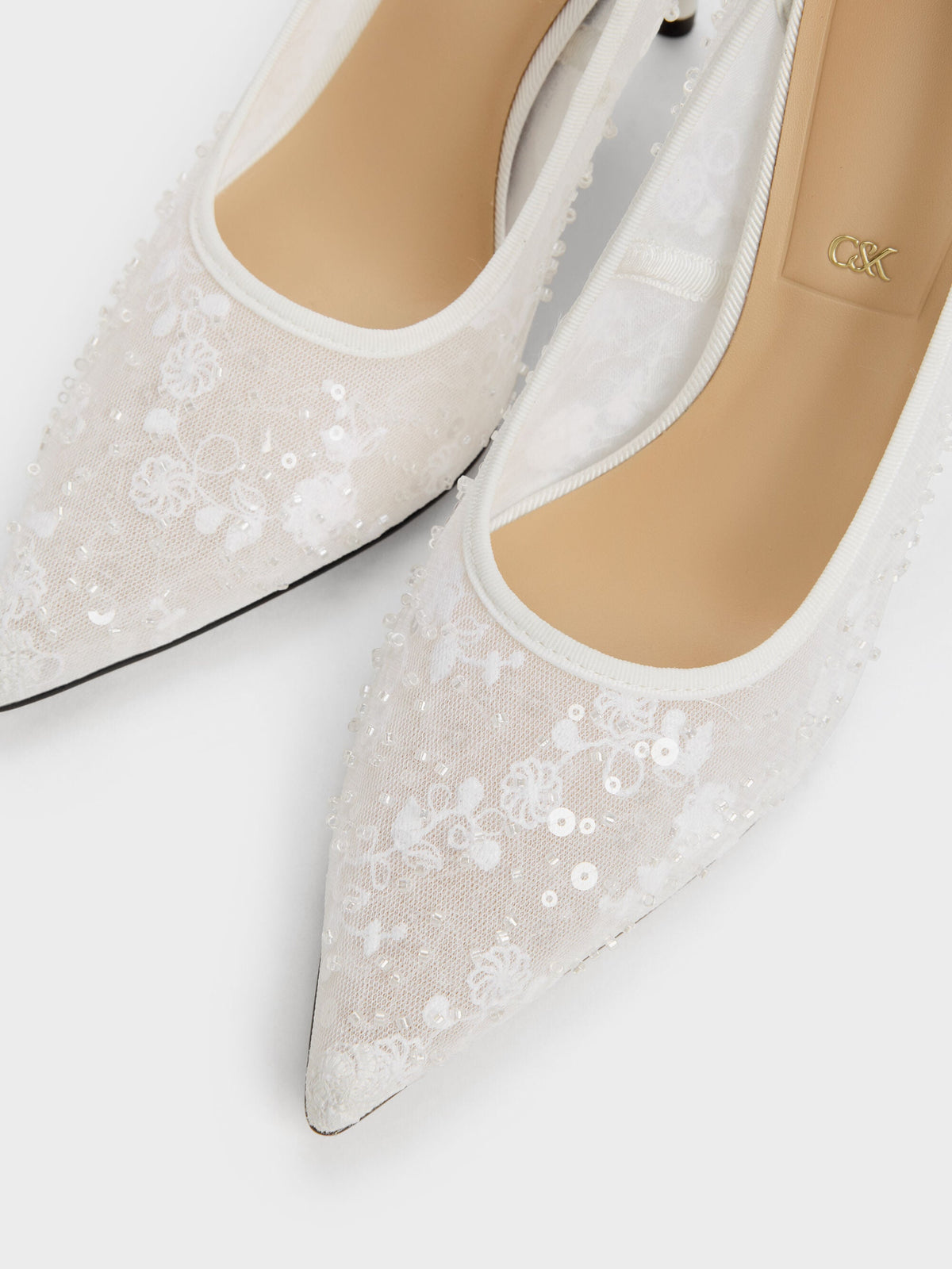 Kyra Embroidered-Mesh Stiletto Pumps - White | CHARLES & KEITH