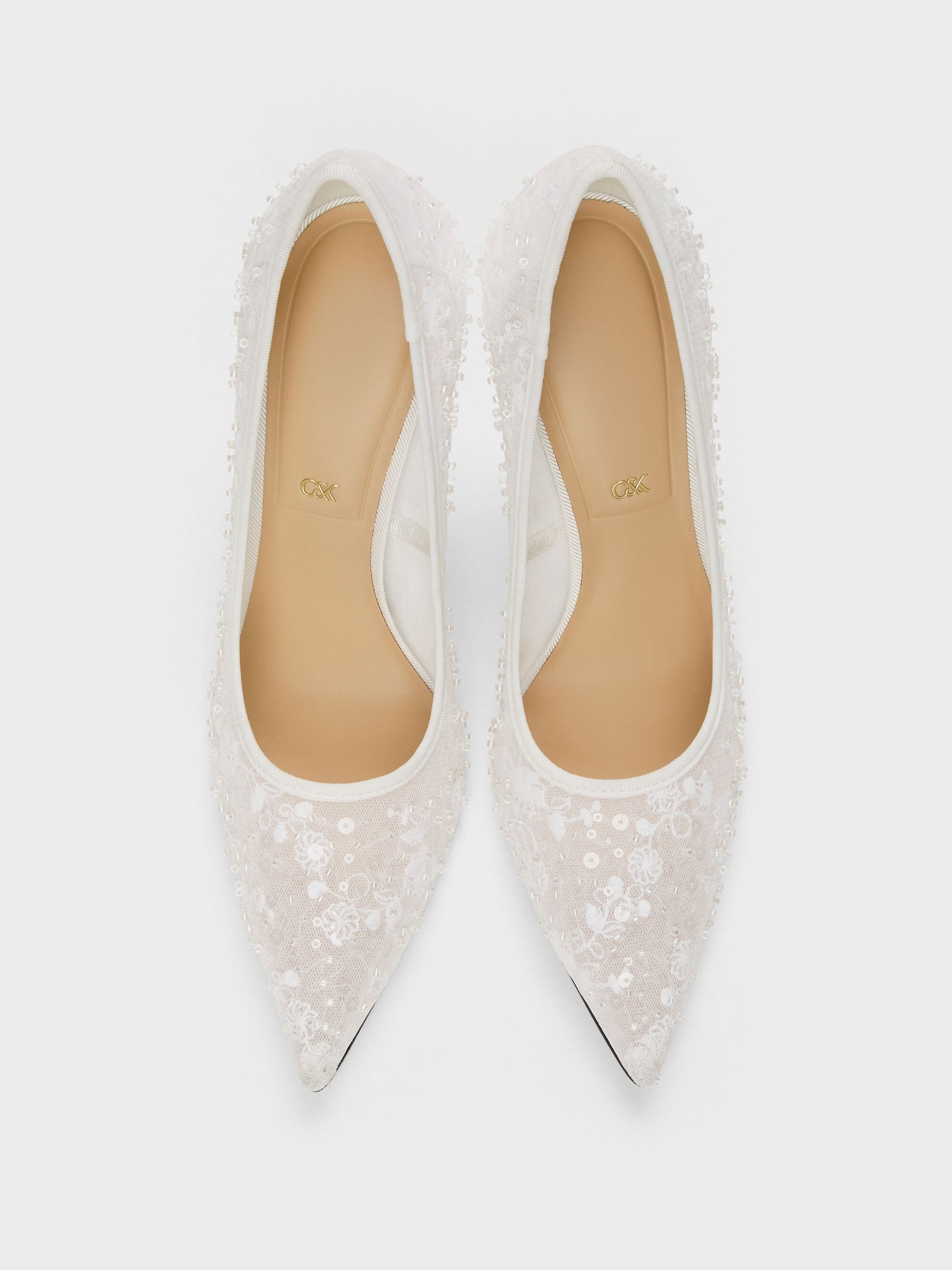 Kyra Embroidered-Mesh Stiletto Pumps - White | CHARLES & KEITH